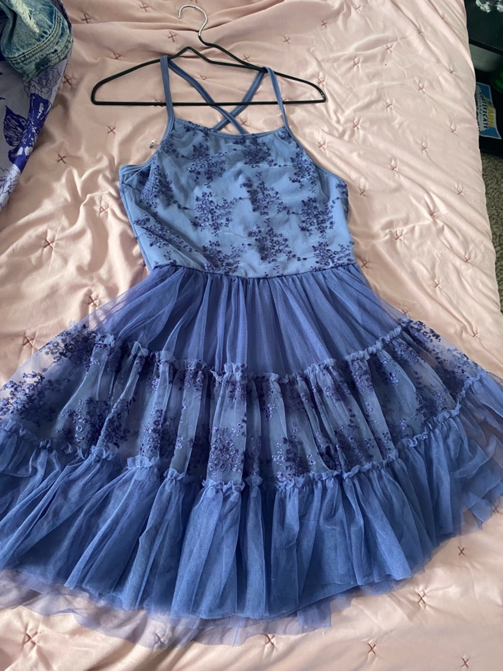 Weissman Lavender-Blue Embroidered Tulle Dress